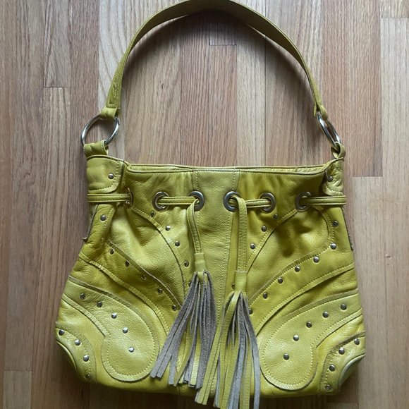 BULGA Small Studded Tassle Yellow Leather Bag Excellent Condition - Picture 2 of 8